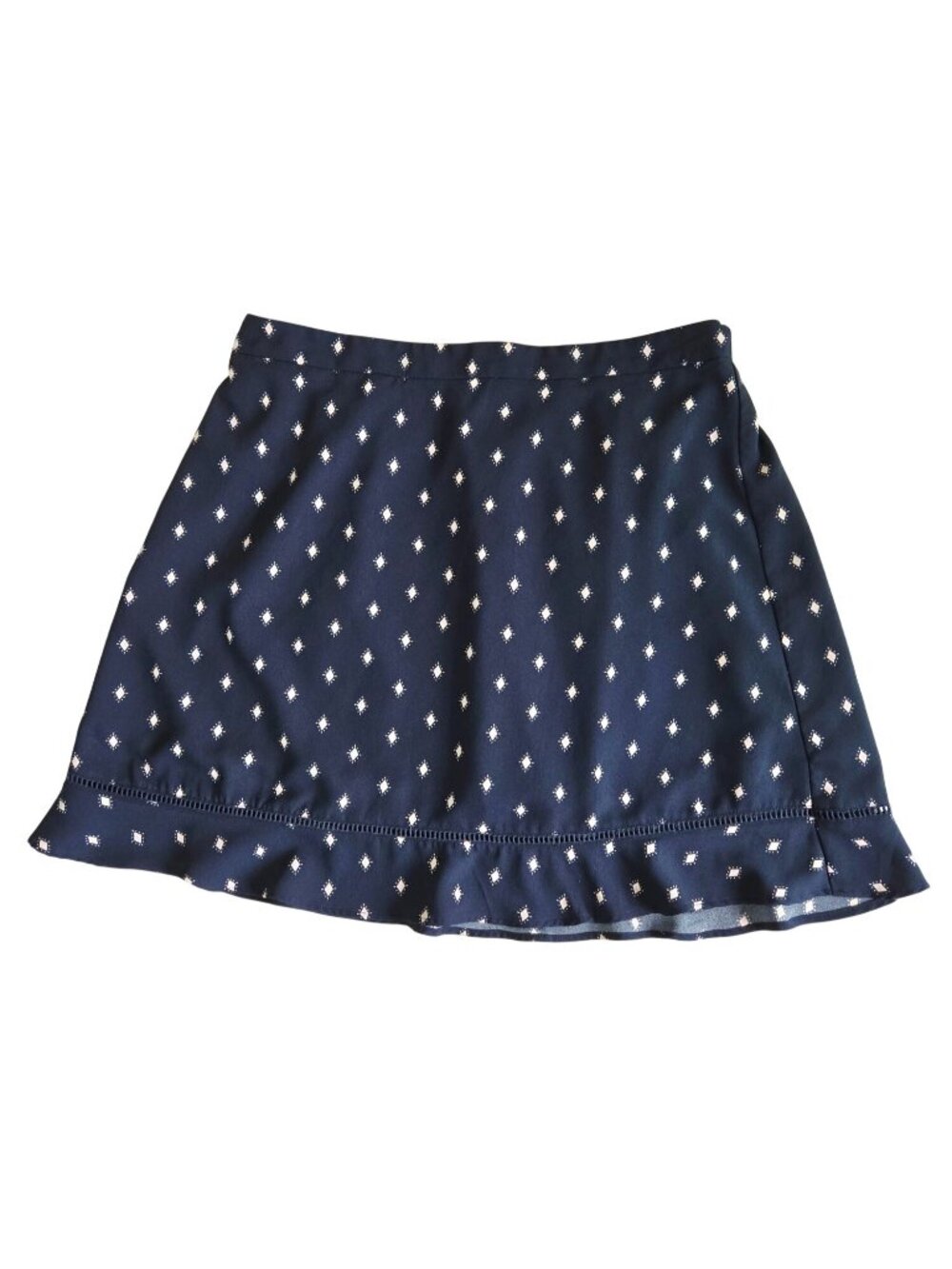 Loft Outlet Navy Diamond Print Ruffle Hem A-Line Skirt Petite LP Cotton Lined